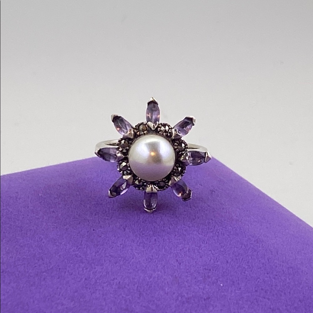 💛 Vintage 925 Pearl, Amethyst & Marcasite Gemstone Ring